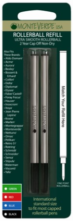 MonteVerde® Rollerball Ink International Two Pack Refill-fits most incld Waterman®....metal body [fine, medium, broad]