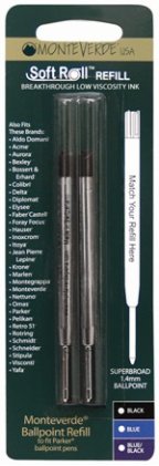 SoftRoll™ Ballpoint Ink refill 1.4mm [Superbroad]- fits Parker® by MonteVerde®..2 pack blister card