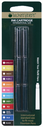 Monteverde® Standard International Fountain Pen Ink Cartridges....6 pack blister card or box. Monteverde® Standard International Fountain Pen Ink Cartridges....6 pack blister card or box.
